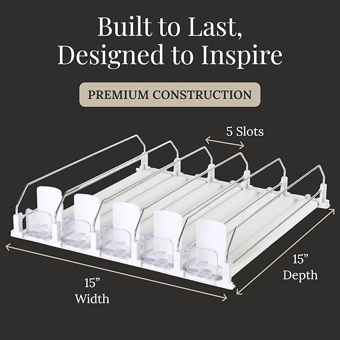 5-Piece Drink Organizer for Fridge – Spring-Loaded Rolling Can & Bottle Holder – Kitchen Storage for Soda, Water, Baby Bottles – Sliding Beverage Dispenser (Black) (White)