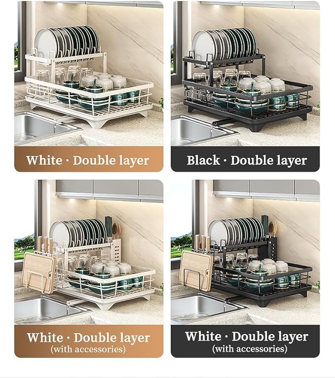 Large Dish Drying Rack - Extendable Dish Rack,Multifunctional Dish Rack for Kitchen Counter,Drying Rack Anti-Rust Dish Drainers with Cutlery & Cup Holders (Black)