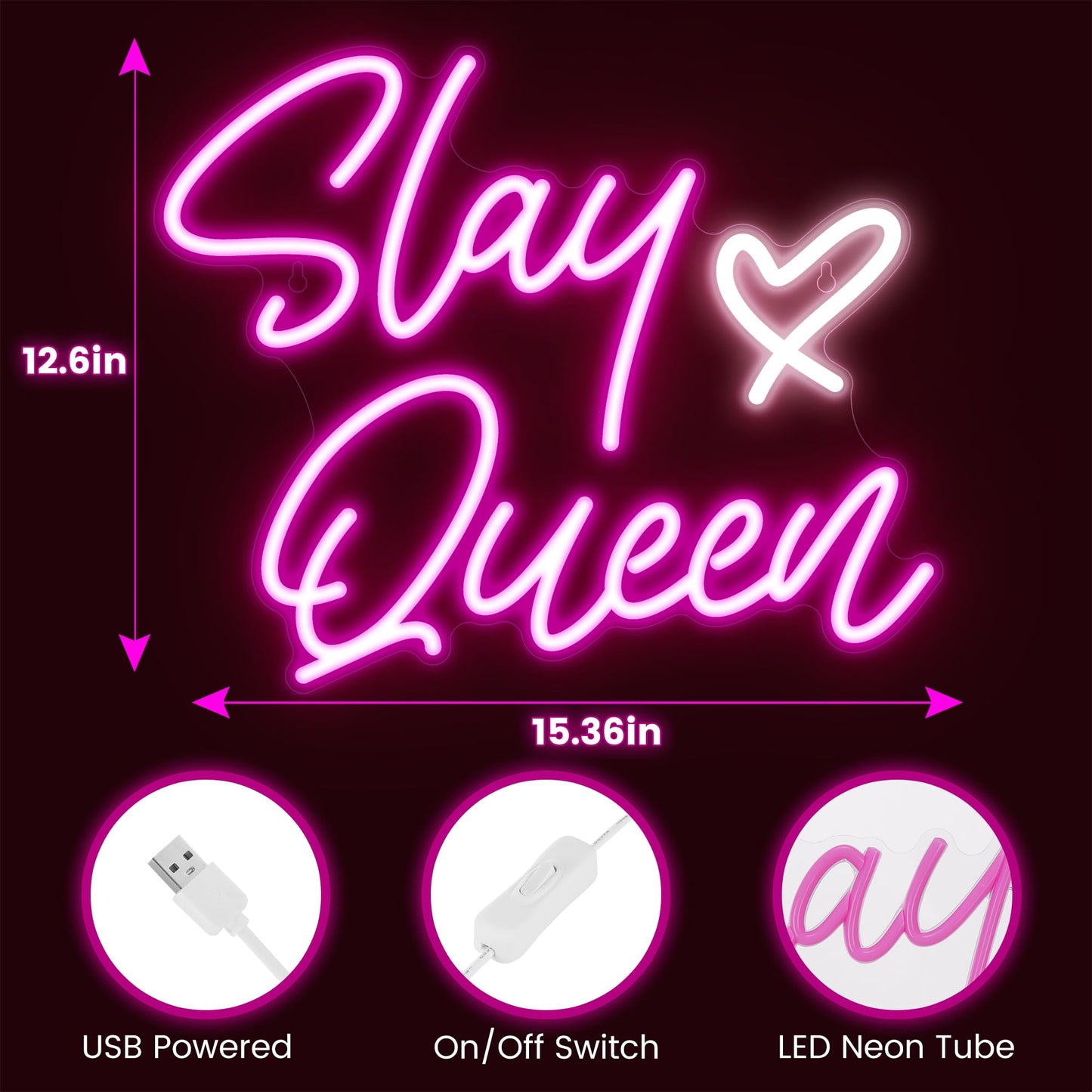 Kavaas Neon Sign Slay Queen 15.3in x 12.6in Pink LED Light Up Wall Decor for Bedroom, Bar, Office, Dorms