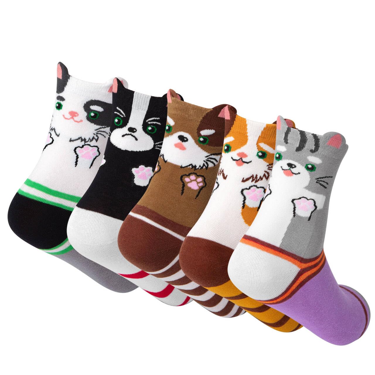 Cropgain 5 Pairs Women Girls Socks Cute Animal Socks Cat Dog Cow More Fun Novelty Socks Gifts for Girls,Mixed Striped Cats