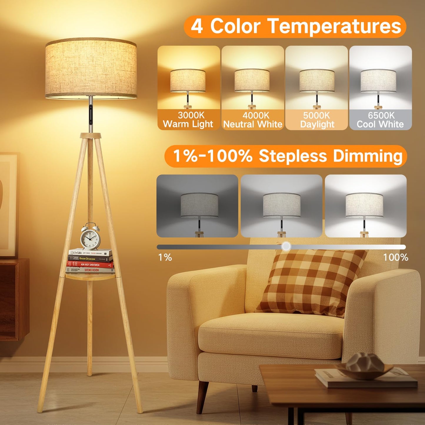 OUTON Wood Tripod Floor Lamp, Mid Century Modern, Dimmable with Remote, Beige Shade, Sturdy Design for Living Room, Bedroom, Office