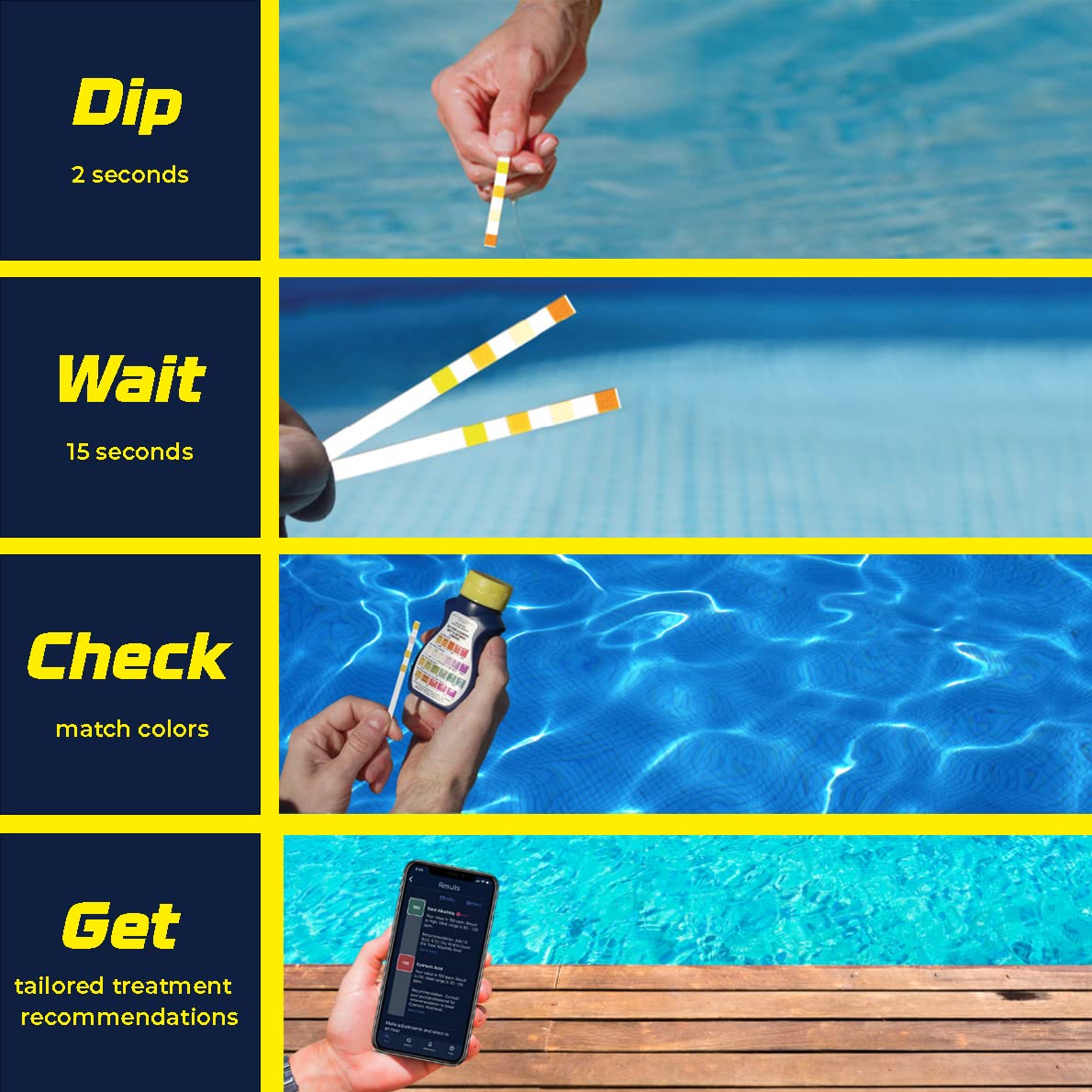 AquaChek Yellow 4-Way Pool and Spa Test Strips - 50 Yellow Test Strips - Swimming Pool Test Strips For pH, Free Chlorine, Total Alkalinity, and Cyanuric Acid - Quick and Accurate Results - Testing Kit