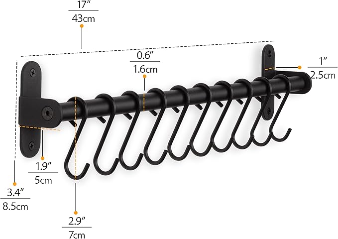 Wallniture Lyon Kitchen Rail with 10 Utensil Holder S Hooks for Hanging Kitchen Utensils Set and Cookware, 17" Frosty Black