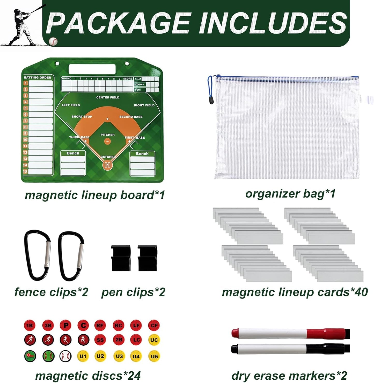 Magnetic Baseball Lineup Board for Dugout, Dry Erase Baseball Clipboard for Coaches with 40 Baseball Lineup Cards and 2 Markers, 72 PCS Baseball Coaching Accessories Baseball Scoreboard 12.6 * 11 in