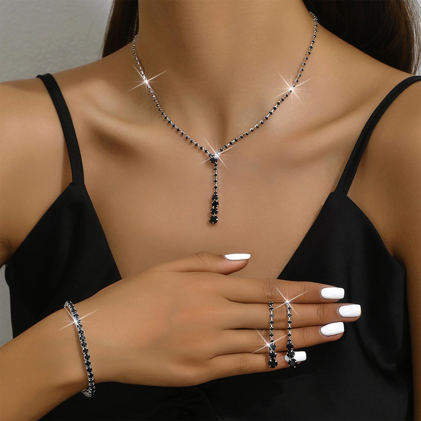HUASAI Black Wedding Jewelry Sets for Brides Rhinestone Necklace Earrings Bracelet Set Bridal Costume Jewelry for Women Formal W