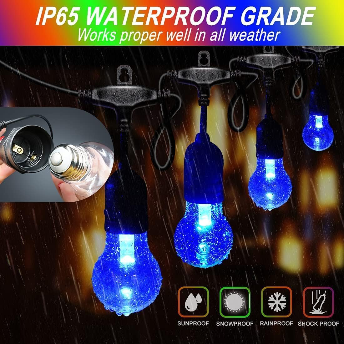 IPStank 105FT Outdoor String Lights, 32 Shatterproof E26 Edison LED Bulbs, Dimmable RGB, Waterproof, Multicolor, Model GLS22C2YC-A55-