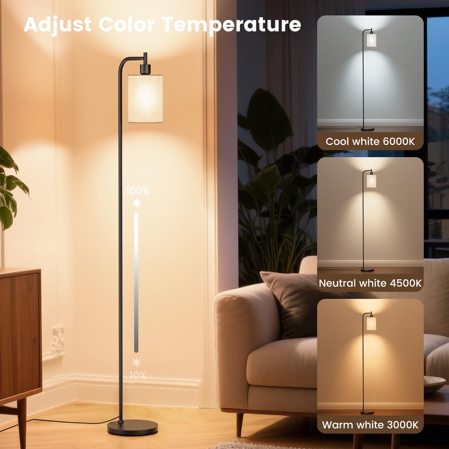 SIBRILLE Dimmable Floor Lamp with Remote Control, 3 Color Temperatures, Beige, Metal, Model BP-F072, 9W LED Bulb Included