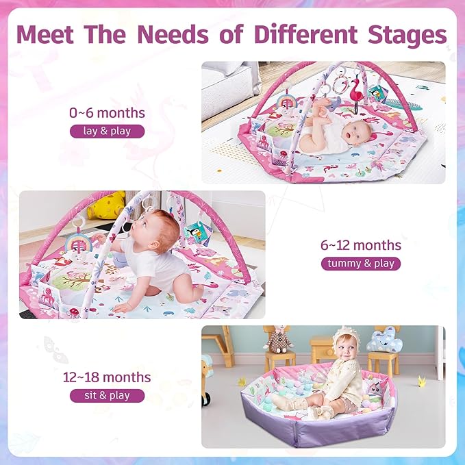 7-in-1 Large Activity Mat for Babies 0-6 Months Tummy Time Mat Play Mat, 5 Tummy TimeToys, 18 Ocean Toys, and 1 Tummy Time Pillow, Baby Activity Mat Easy to Install & Clean, Baby Gift