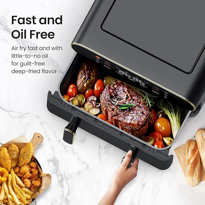 TOPZEE 11-QT Large Air Fryer, 8-in-1 XL Airfryer with Flex Basket, Divider for Dual Cooking, Preheat Air Fry, Roast, Broil, Bake, Reheat, Dehydrate, French Fries Dishwasher Safe, w/Gold Border