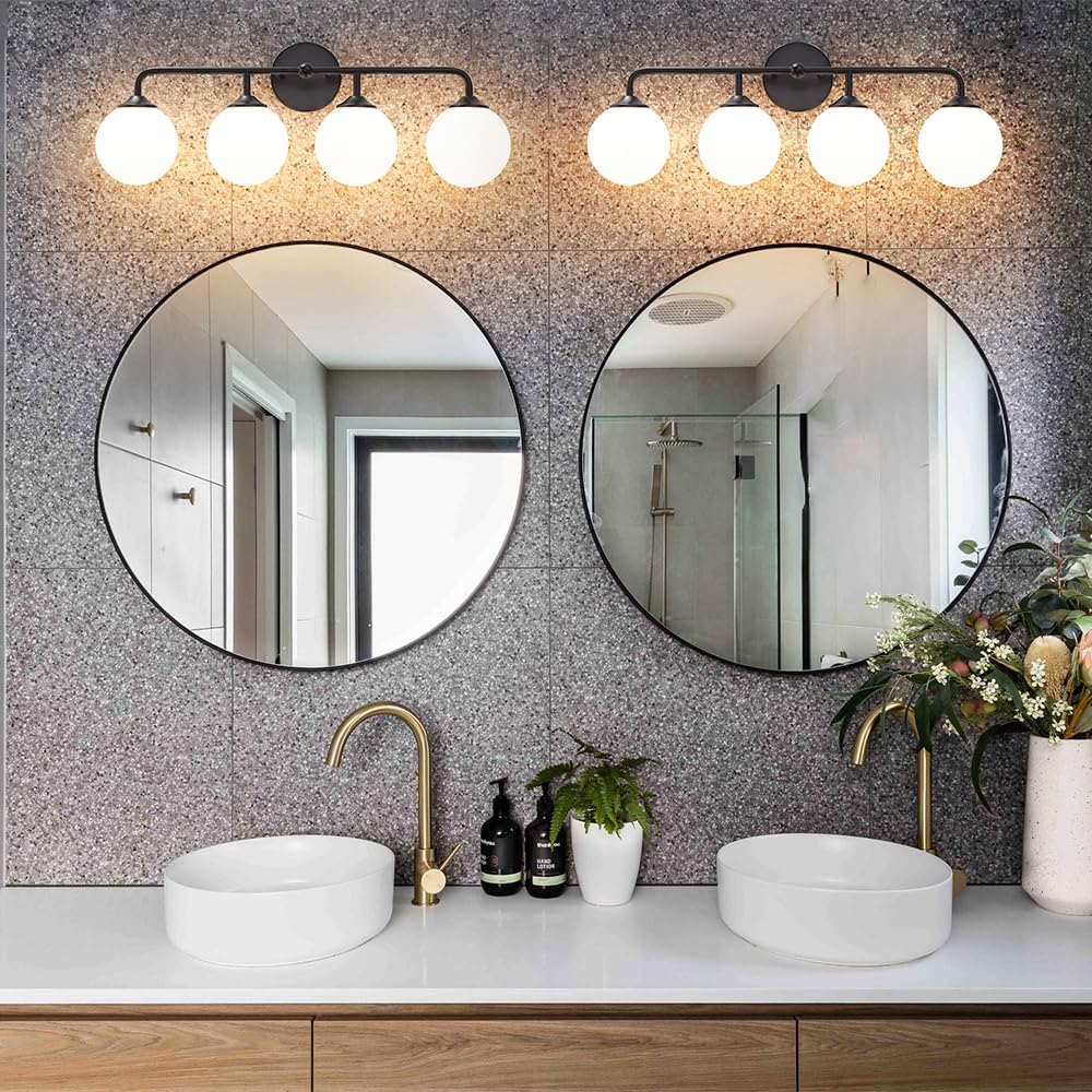 4-Lights Black Vanity Lights With Milky White Globe Glass Shade  Industrial Bathroom Wall Sconces Light Over Mirror  Vanity Lighting Fixture For Bathroom Dressing Table Bedroom Living Room