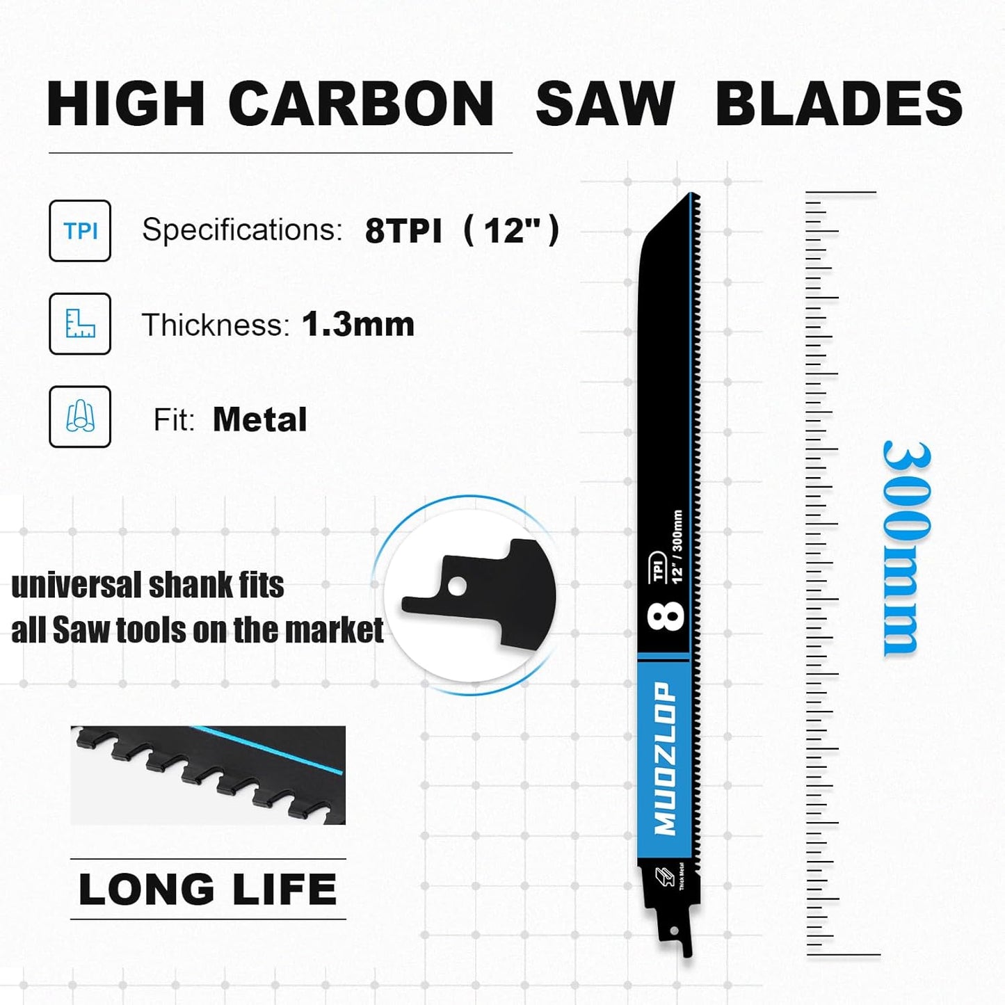 3 Pack 12 inch Reciprocating Saw Blades Set， 8 TPI High Carbon Saw Blades for Metal ，Saw Blades with Organizer Case (3, 8T/12inch)