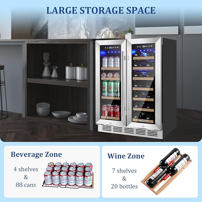 24 Inch Wine and Beverage Refrigerator, Dual Zone Beverage Cooler with Glass Door, Built-In or Freestanding Wine Fridge with Fast Cooling, 20 Bottles and 88 Cans Large Capacity