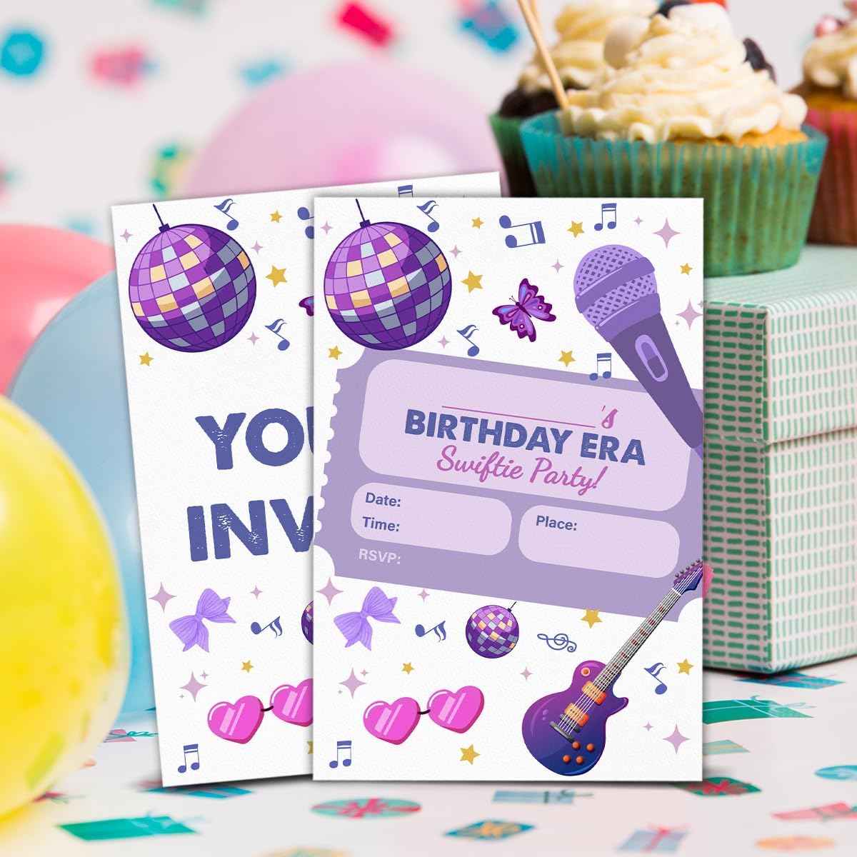 Music Singer Birthday Invitations for Teen Girls, In My Birthday Era Disco Theme Birthday Party Fill in Invites Cards With Envelopes (20 Count), Double Sided Design
