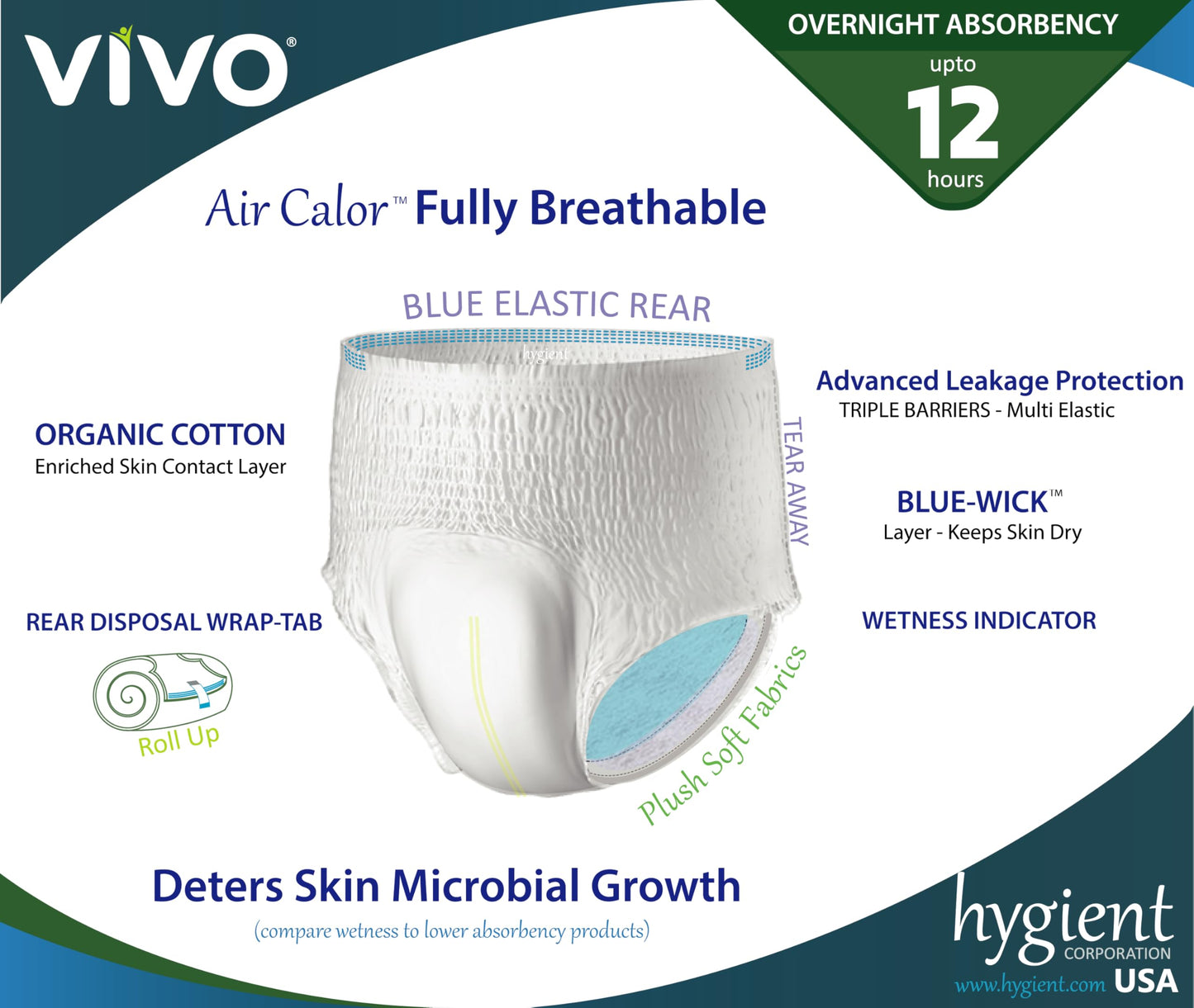 VIVO Organic Cotton Sensitive Skin Overnight Adult Incontinence Pullup Underwear, Women & Men, Medium 22 Count