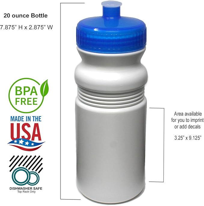 Rolling Sands 20 Ounce Sports Water Bottles 6 Pack, BPA-Free, Made In USA, Dishwasher Safe, White Bottles/Blue Lids