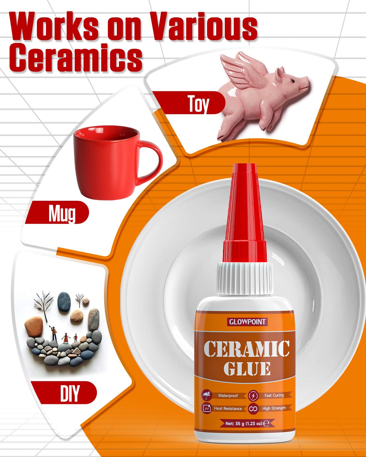 GLOWPOINT Ceramic Glue, 35g Ultra Strong Super Glue for Ceramic, Porcelain, Pottery & China Repair – Waterproof, Heat-Resistant, Safe Adhesive for Mugs, Dishes, Tiles & Crafts