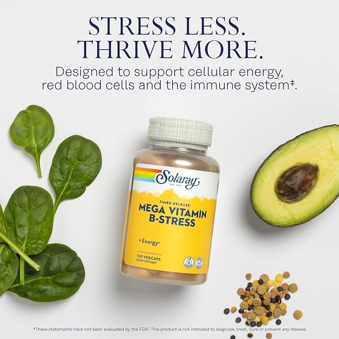 SOLARAY Chamomile Extract and Mega Vitamin B Stress - Herbal Support w/Apigenin - Timed Release Vitamin B Complex for Cellular Energy, Immune Support w/Vitamin B12, Folic Acid, Vitamin C, 30/40 Serv