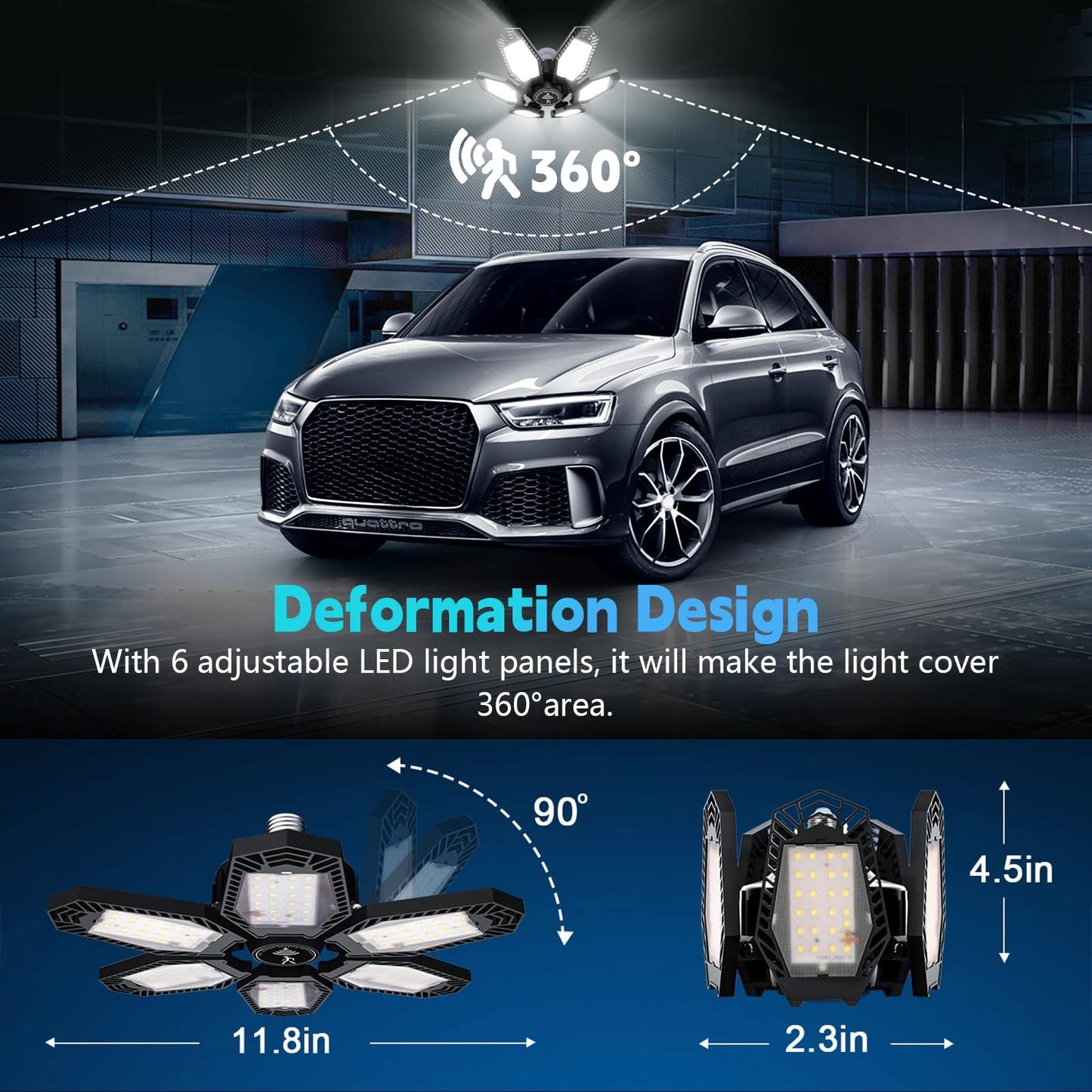 Myteaworld 2 Pack Motion Sensor Garage Light  15000Lm Ultra Led Shop Light Motion Activated  6500K Daylight  150W Deformable Garage Lighting For Attic  Workshop  Laundry Room  Basement(E26/E27 Screw)