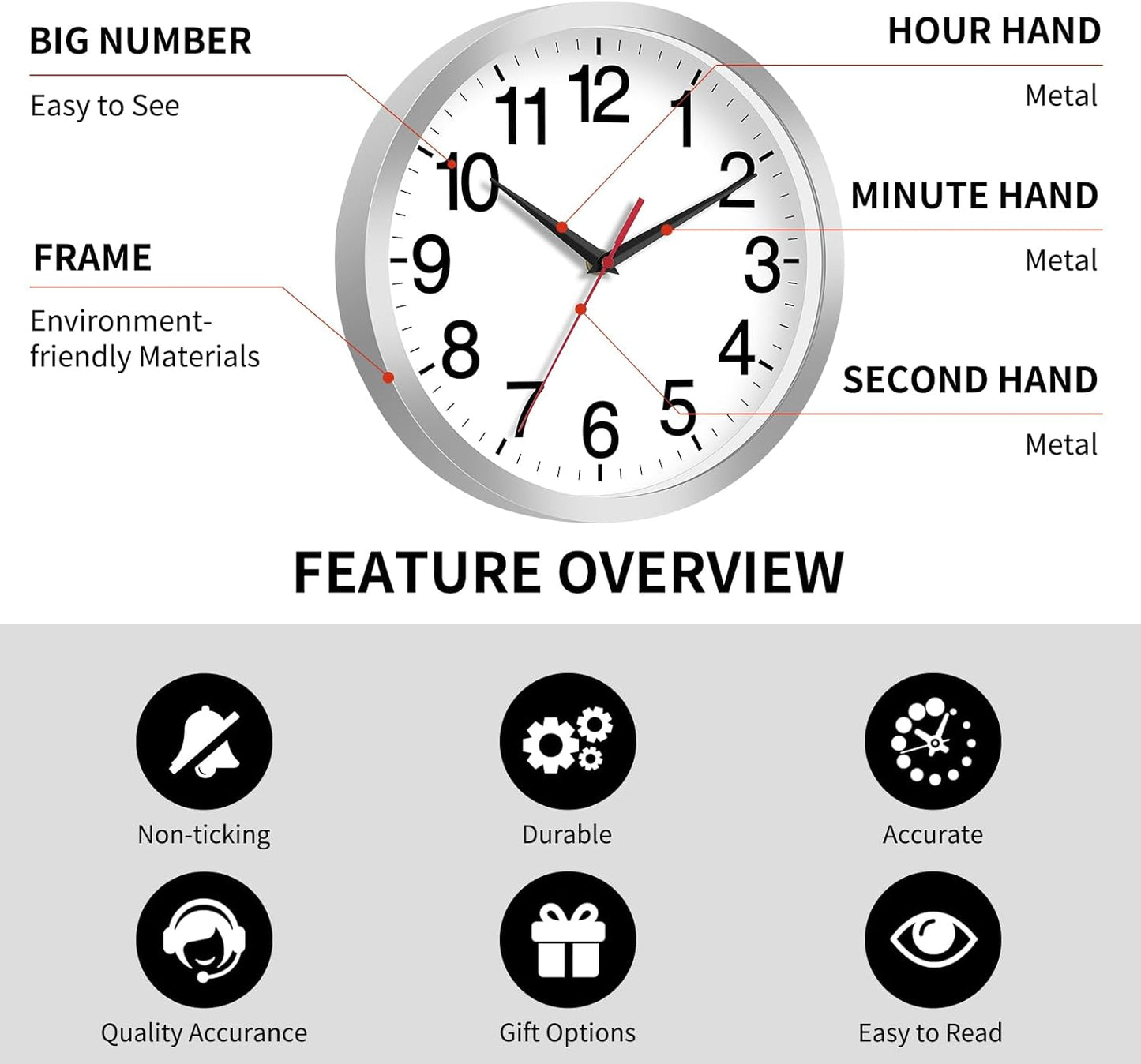 Wall Clock Modern 10 Inch Battery Operated Silent Non Ticking Analog Clock Decorative for Bedroom Kitchen Bathroom Office Home Living Room (Silver)
