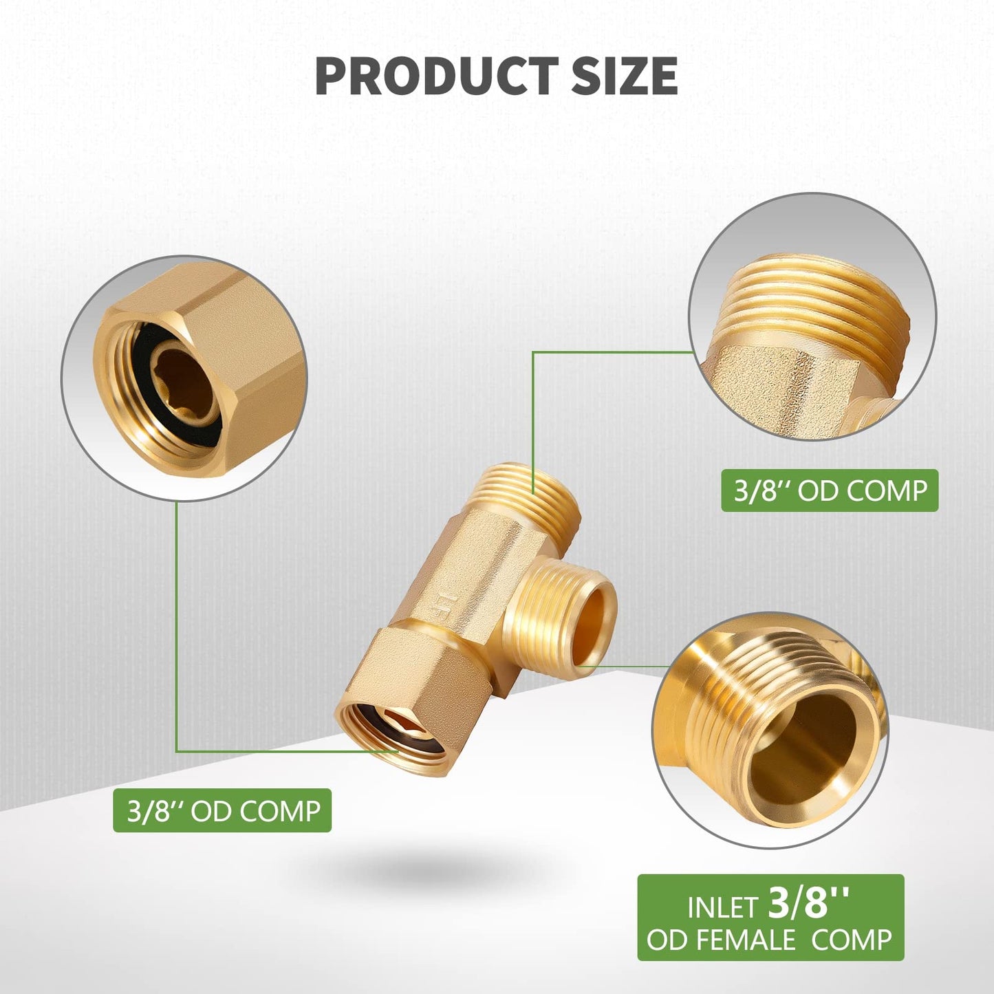 Litorange Lead-Free Brass 3/8 Inch Angle Stop Add-A-Tee Compression Tee Valve, 3/8" Inlet by 3/8" Outlet by 3/8 Inch Outlet, 2-Pack