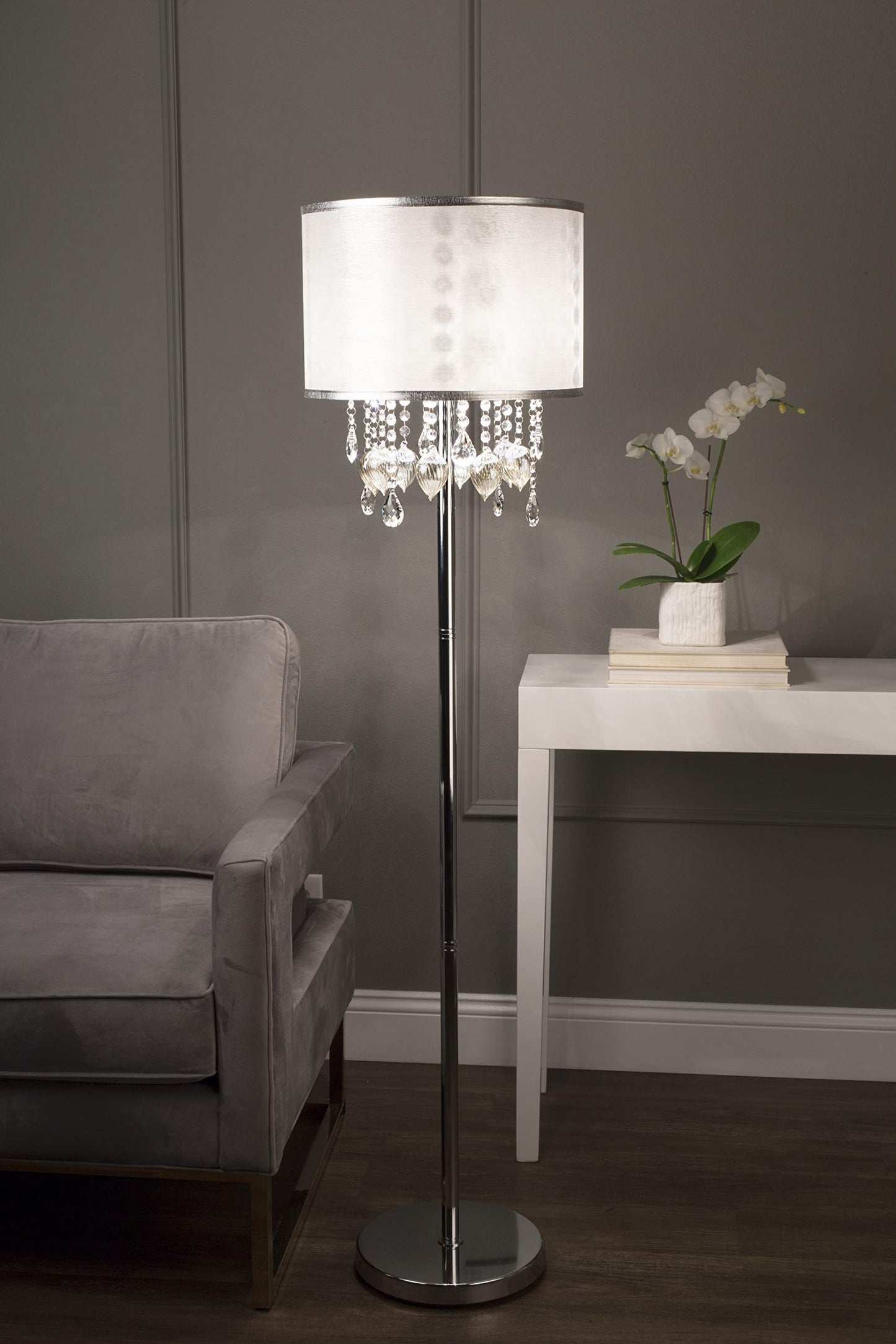 OK Lighting Floor Lamp, Crystal Gold Peach, Model OK-5125F, Chrome Finish