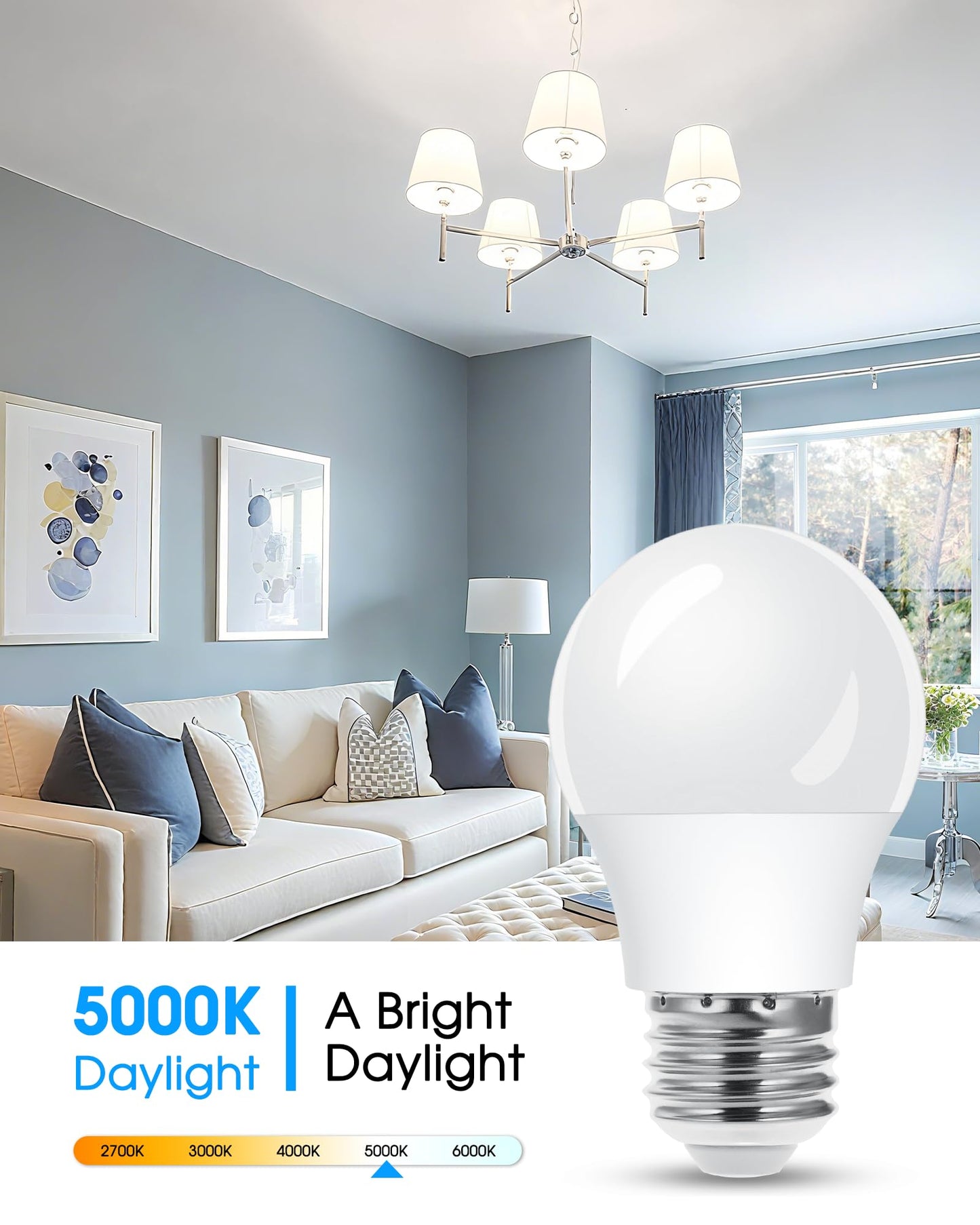 2 Pack A15 Led Light Bulb  E26 Base For Refrigerator Light Bulbs  5W Equivalent 40Watt  5000K Daylight White  Bright Lighting For Ceiling Fan  Kitchen  Indoors & Outdoors  500Lumens  Non-Dimmable
