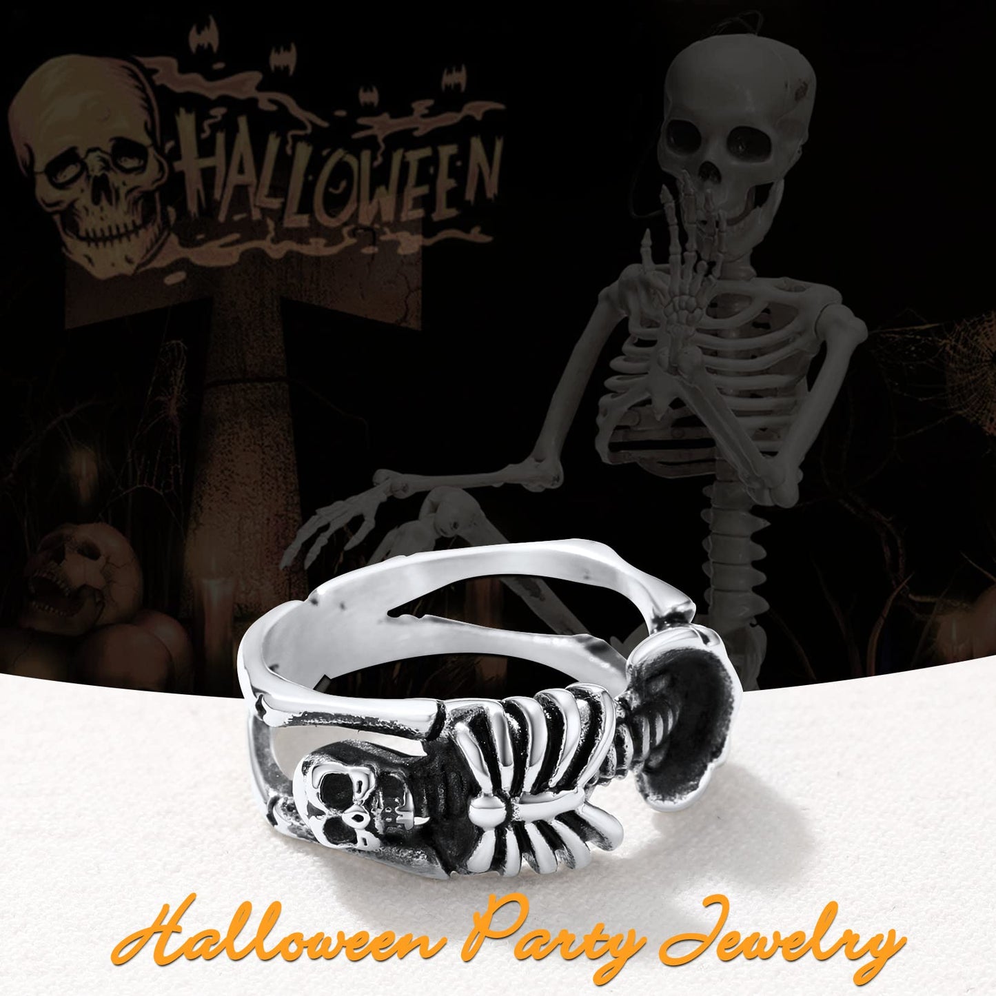 U7 Gothic Skull Ring Stainless Steel Skeleton Biker Ring Men Women 9mm Wide Band Halloween Rings Size 8