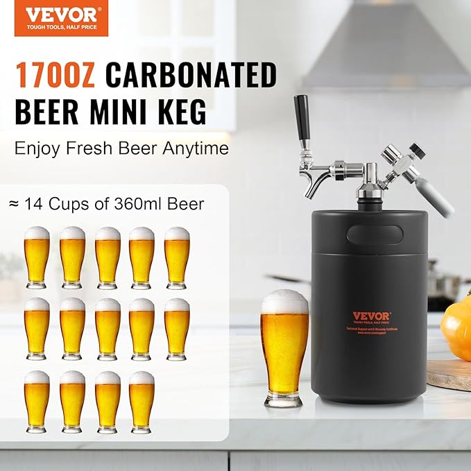 Beer Growler Tap System, 170Oz 5L Mini Keg, 304 Stainless Steel Pressurized Beer Growler, Keg Growler with Pressure Display, CO2 Regulator Faucet, Leak-Proof Ring For Draft, Homebrew, Craft Beer