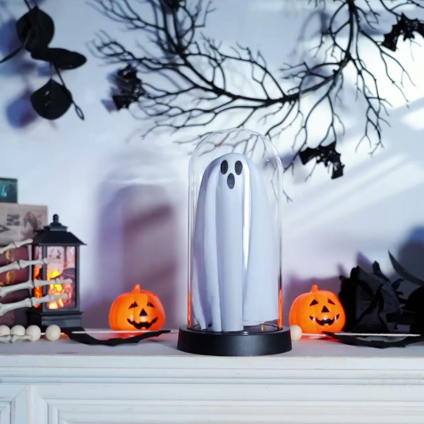 Sladpoem Light Up Ghost In Removable Glass Dome  Cute White Spirit Decoration For Winter Tabletop  Cozy Home Accent  Holiday Night Light For Mantel  Bedroom Or Office Decor