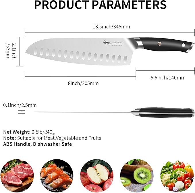 MAD SHARK 8" Santoku Kitchen Knife, Forged German High Carbon Steel Chef Knife, Full Tang Ergonomic Handle, Ultra Sharp for Chopping & Slicing,Birthday Christmas Gifts for Women Men,Gift Box