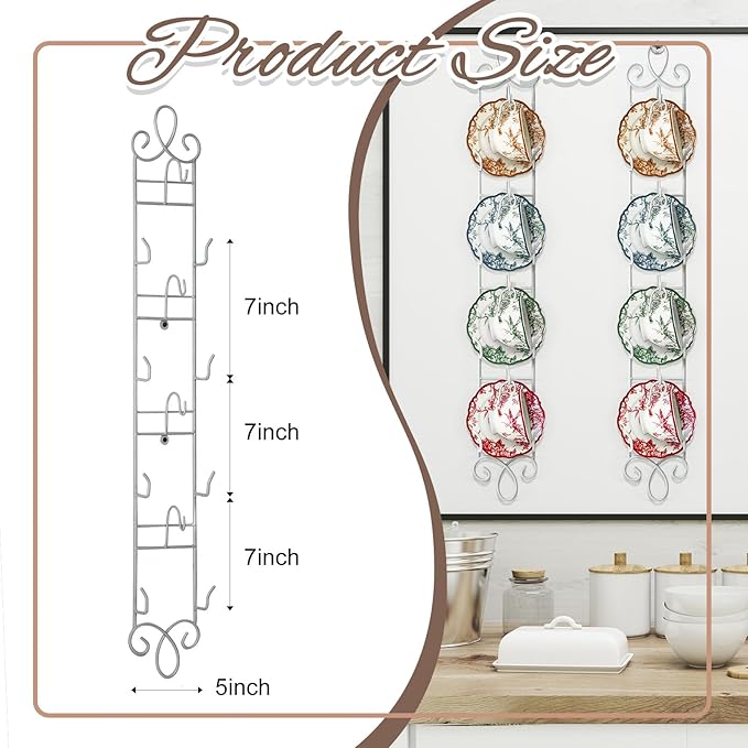 Blulu 2 Pcs 36'' x 5'' Tea Cup and Saucer Display Stand 4 Tiers Vertical Wall Mounted Cups Plate Holder Wall Plate Hangers Decorative Brackets for China Coffee Mug Gifts Thanksgiving Christmas (White)