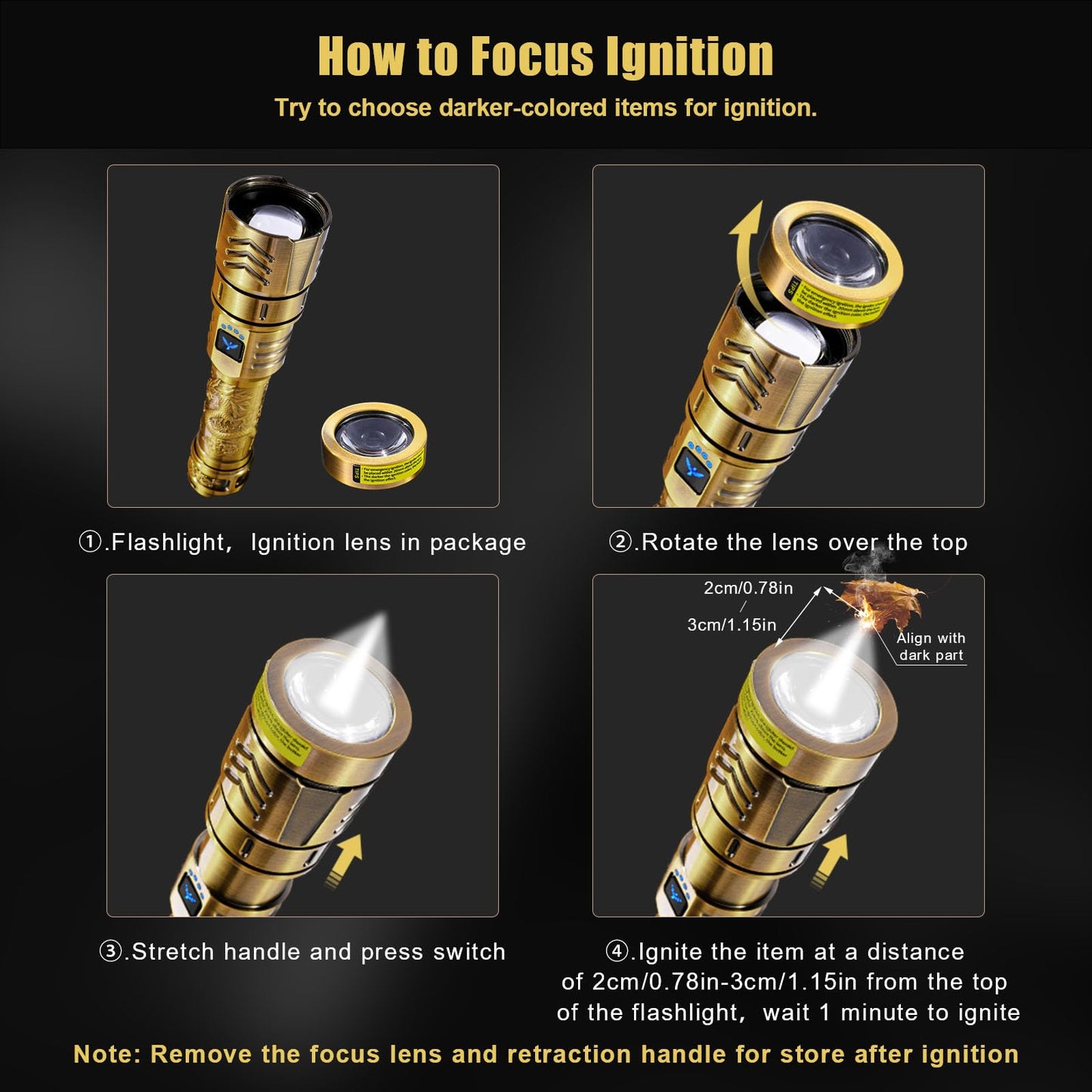 Skyfire Led Flashlights High Lumens With Ignition Lens 3000Lm Rechargeable Super Bright Flashlight Zoomable Four Modes Waterproof Tactical Flash Light For Camping Essentials Outdoor Home&Gifts-Gold