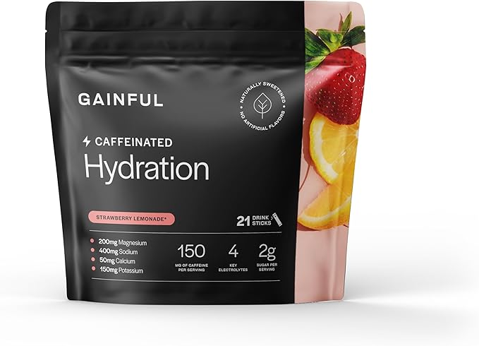 Gainful Hydration + Caffeine Powder Packets with Key Electrolytes Magnesium & Sodium + L Theanine, Low Sugar Drink Mix, St...