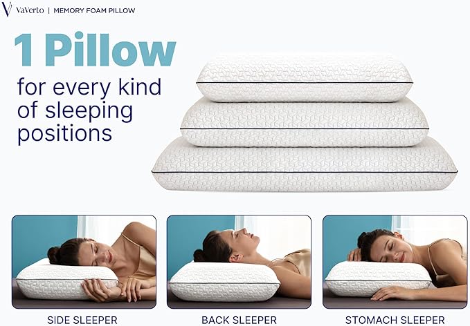 Vaverto Gel Memory Foam Pillow 2 Pack - Standard Size - Ventilated, Bed Pillows with Viscose Made from Bamboo Pillow Cover,Cooling, Contoured Support