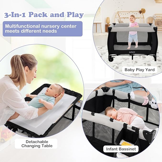 INFANS 3 in 1 Pack and Play, Portable Travel Baby Crib Bassinet with Detachable Mattress, Newborn Changing Table, Foldable Playpen with Carry Bag and 2 Wheels (Morden)