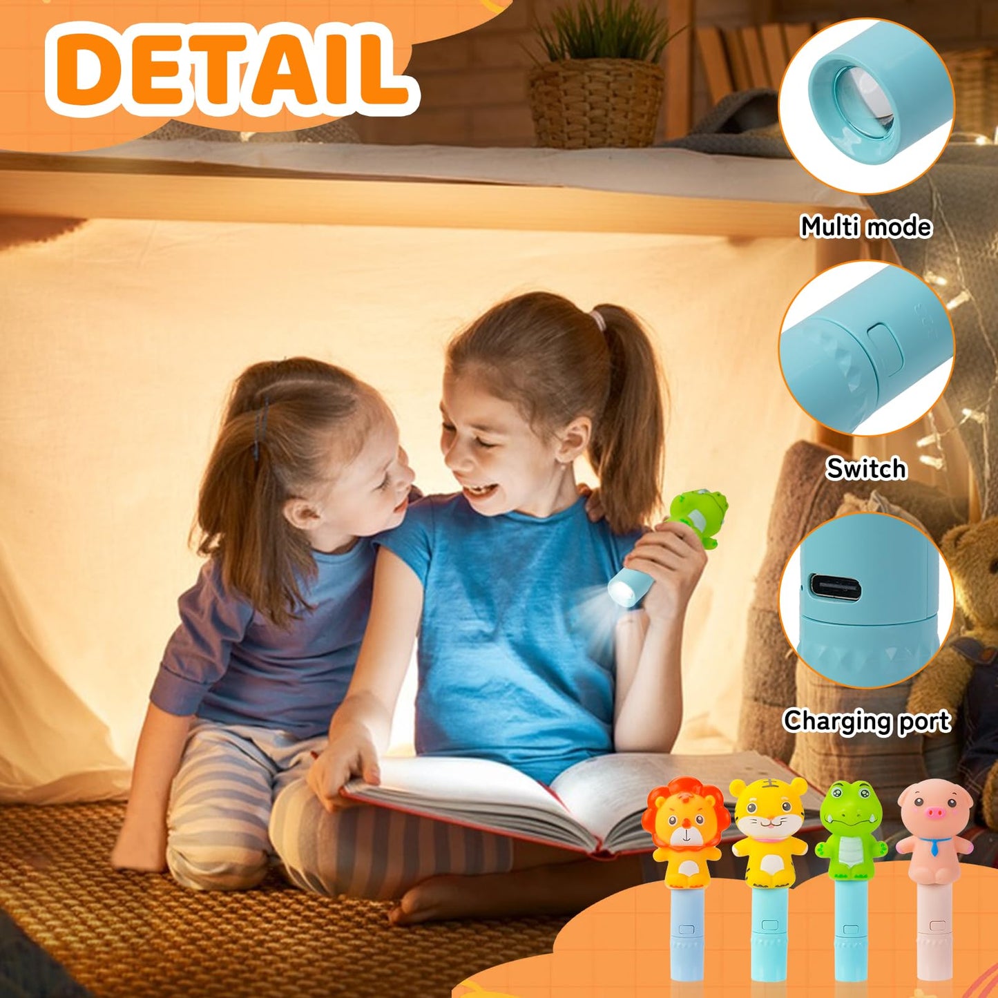 Darlur 4 Pack Small Mini Cute Kids Flashlight  Rechargeable Animal Flashlights For Boys Girls Christmas Gifts Stocking Stuffers