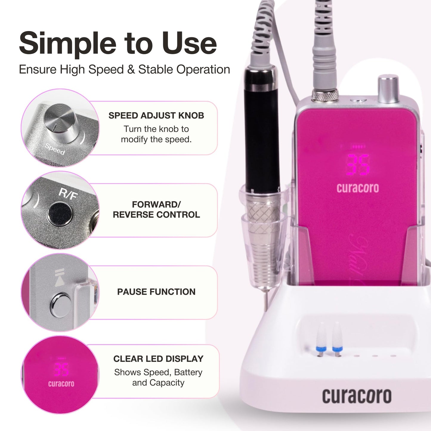Curacoro Nail Drill 35000RPM Professional Brushless Electric Nail Drill Machine - Nail Efile for Acrylic Gel Nails, Low Noise Lo
