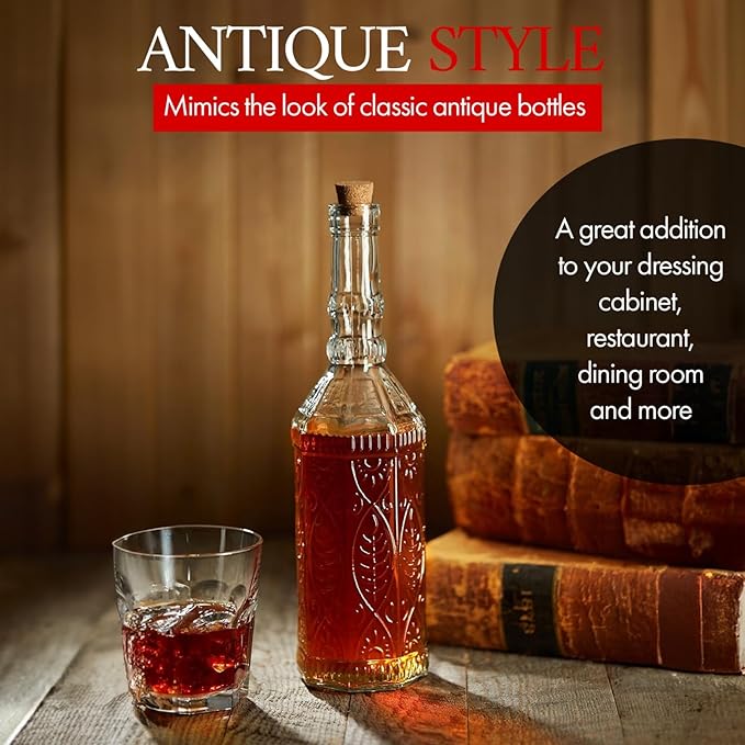 Large Clear Decorative Glass Bottle with Spout and Cork, 32oz, 1 Bottle - Design: VINO (3in X 11.9in)