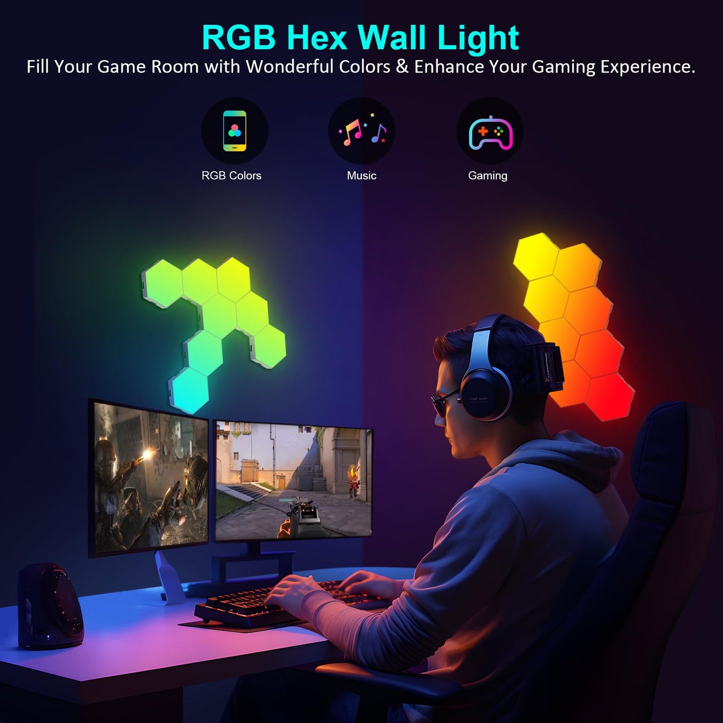 Hexagon LED Lights - 8 Pack Hexagon Light Panels with Smart APP& Remote Control Cool Music Sync Gaming Lights for Living Room, Bedroom, Gaming Room,Children Room