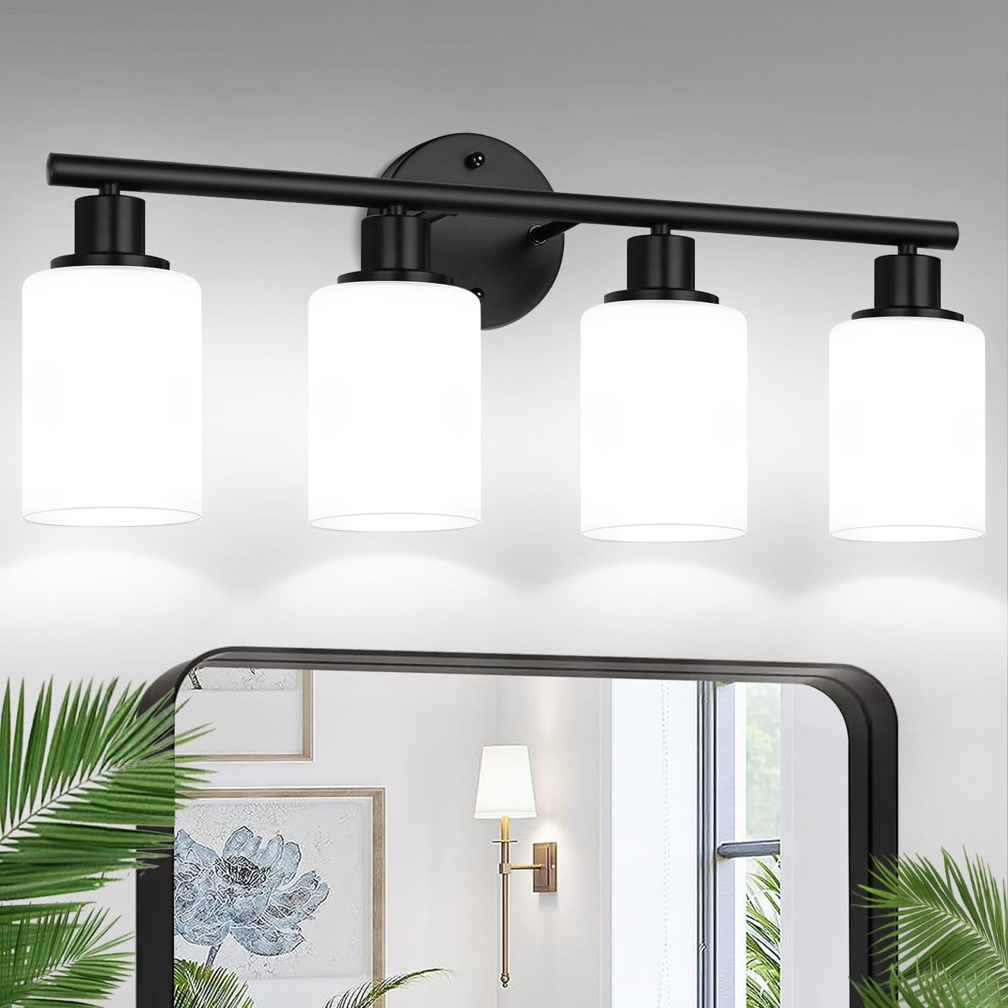 Zarbitta 4-Light Bathroom Light Fixtures, Black Vanity Lights with Milky White Glass Shades, Model OMTYX-016