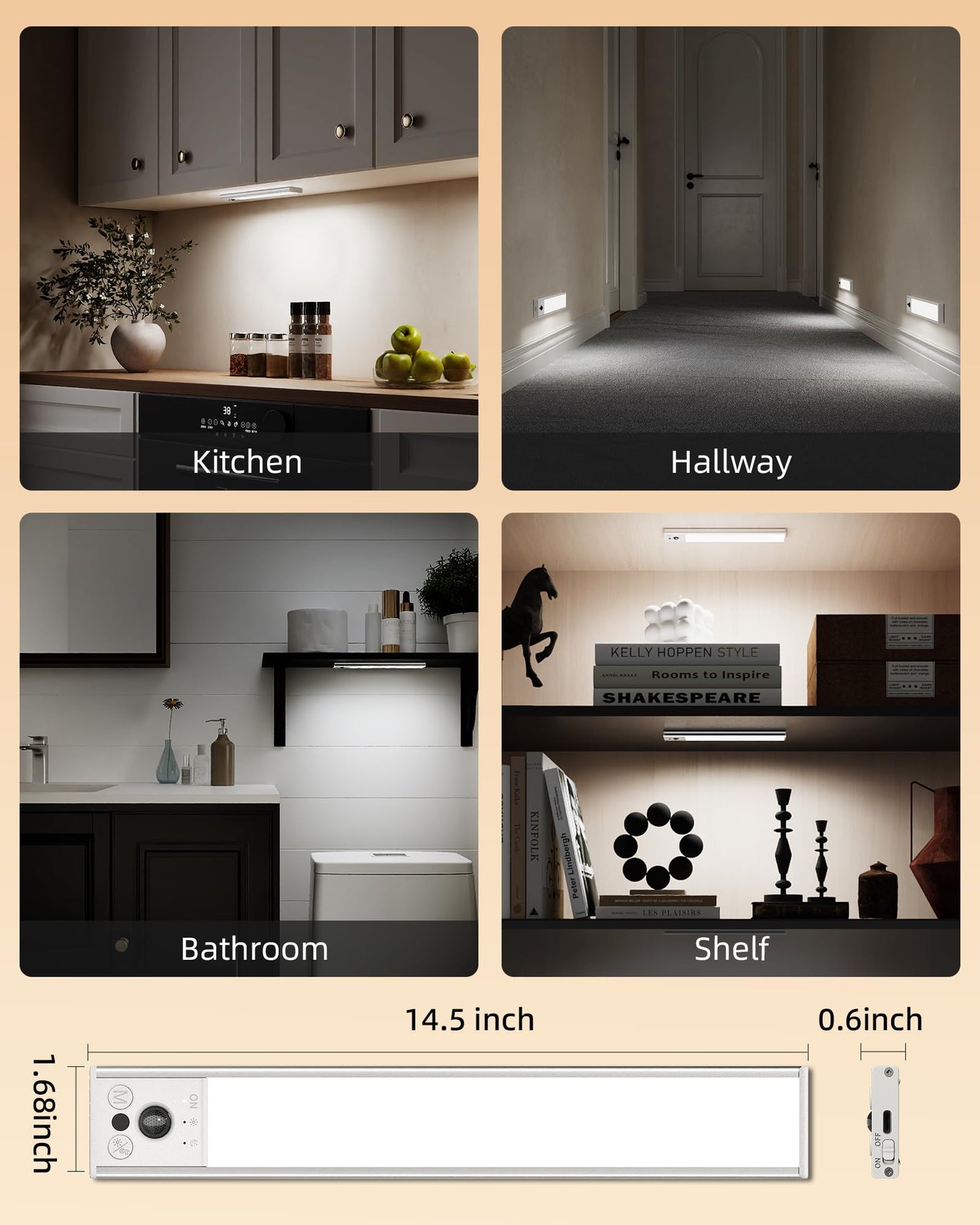 Ezvalo 14.5Inch Under Cabinet Lighting  Rechargeable Motion Sensor Light Indoor With 3 Color Temperatures  Dimmable & Magnetic Closet Lights  Wireless Under Counter Lights For Kitchen  Stairs (2 Pack)