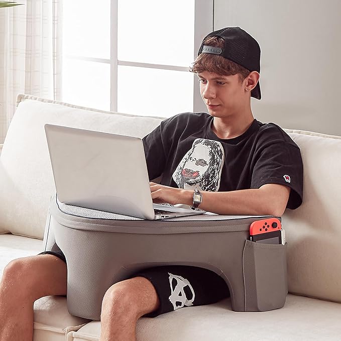 Reading Pillow for Gaming, Lap Desk Pillow for Laptop with Pockets, Gaming Pillow for Lap, Memory Foam Laptop Pillow for Reading, Gaming, Working, Crocheting in Bed Sofa(Grey)