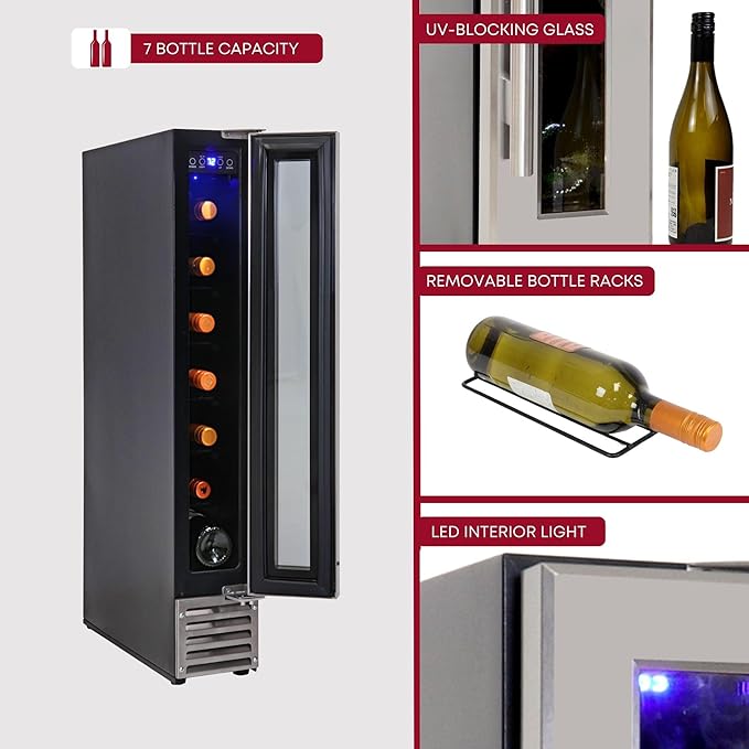 Koolatron 7 Bottle Wine Fridge – Freestanding Wine Cooler with Glass Door, 0.6 cu. ft (18L), Beverage Can Refrigerator, Digital Temperature Control, Ideal for Red, White & Sparkling Wine, Champagne