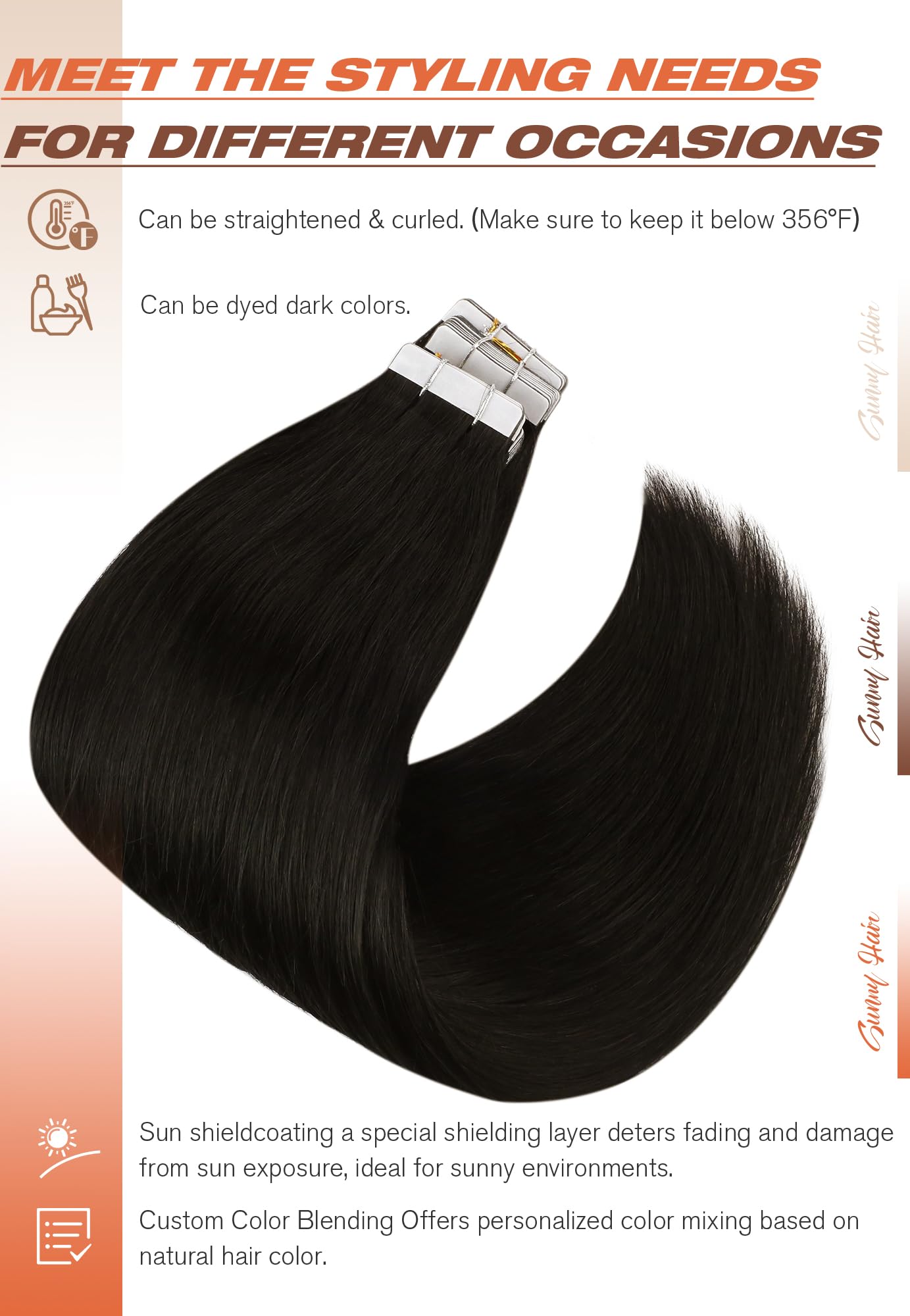 Sunny Hair Tape in Hair Extensions Real Human Hair Invisible Remy Hair Extensions Tape ins for Women Natural Black 16 inch 20Pcs