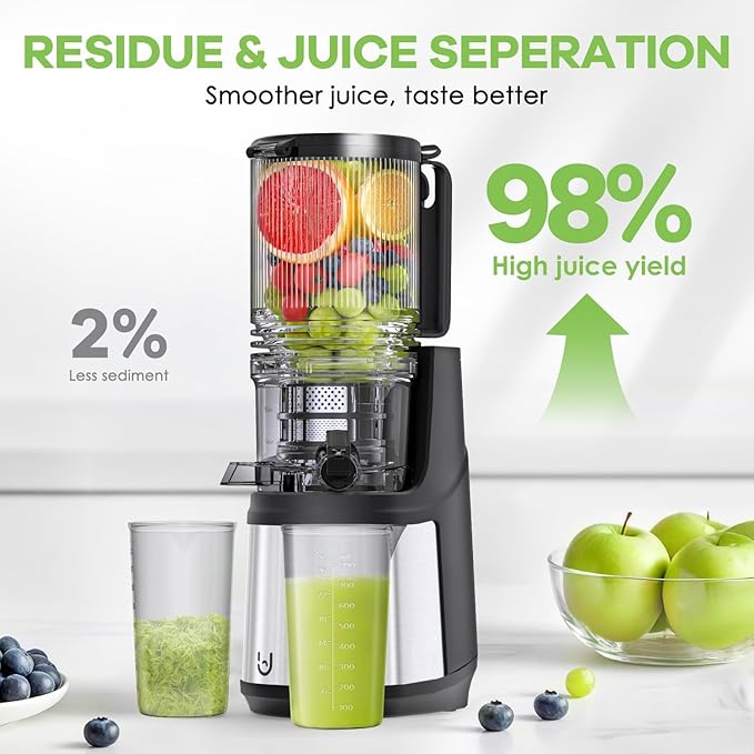 Cold Press Juicer, 5.8" Wide Feed Chute Juice Extractor Machine with 400W, High Juice Yield, Slow Masticating Juicer for Whole Vegetables & Fruits, Gray-Stainless Steel