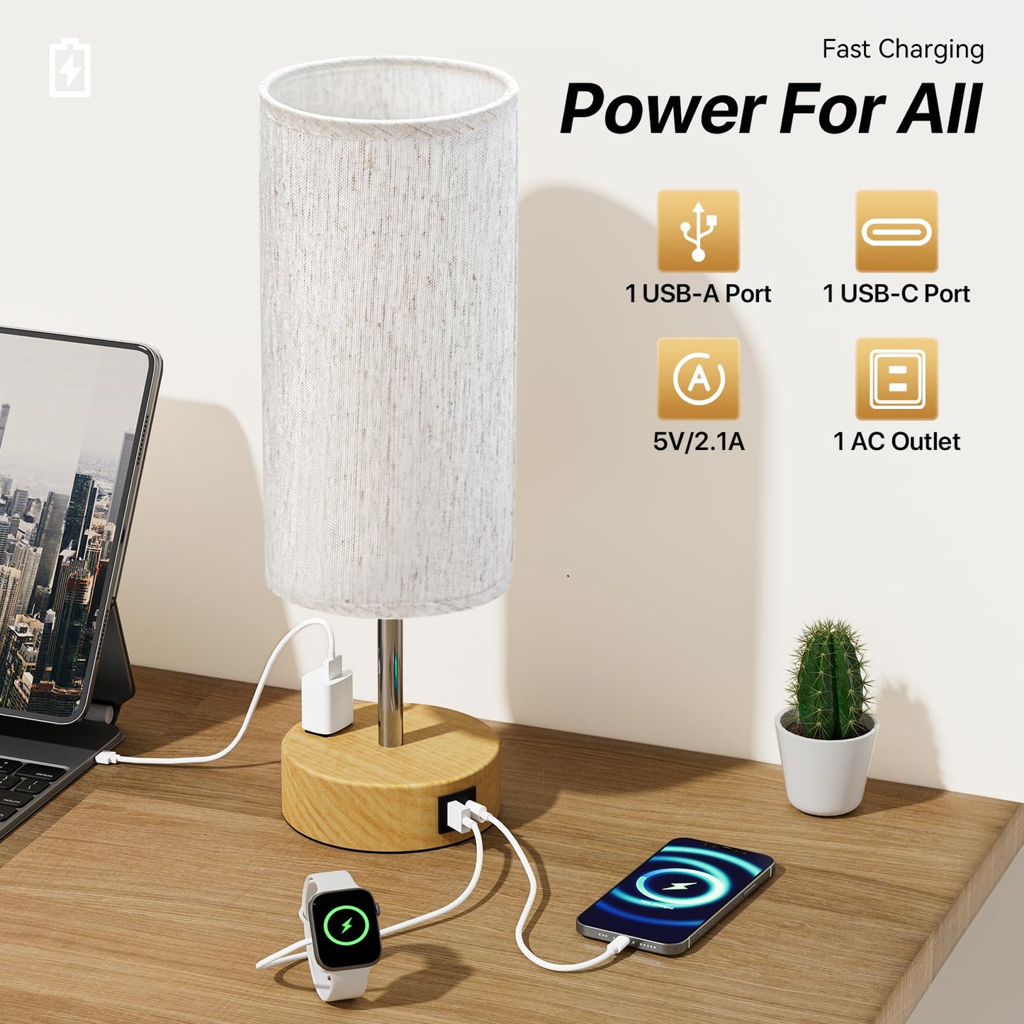 KPQ Touch Control Table Lamp with USB Charging Ports, 3-Way Dimmable, 14in Small Size, Grey Shade-Silver Base
