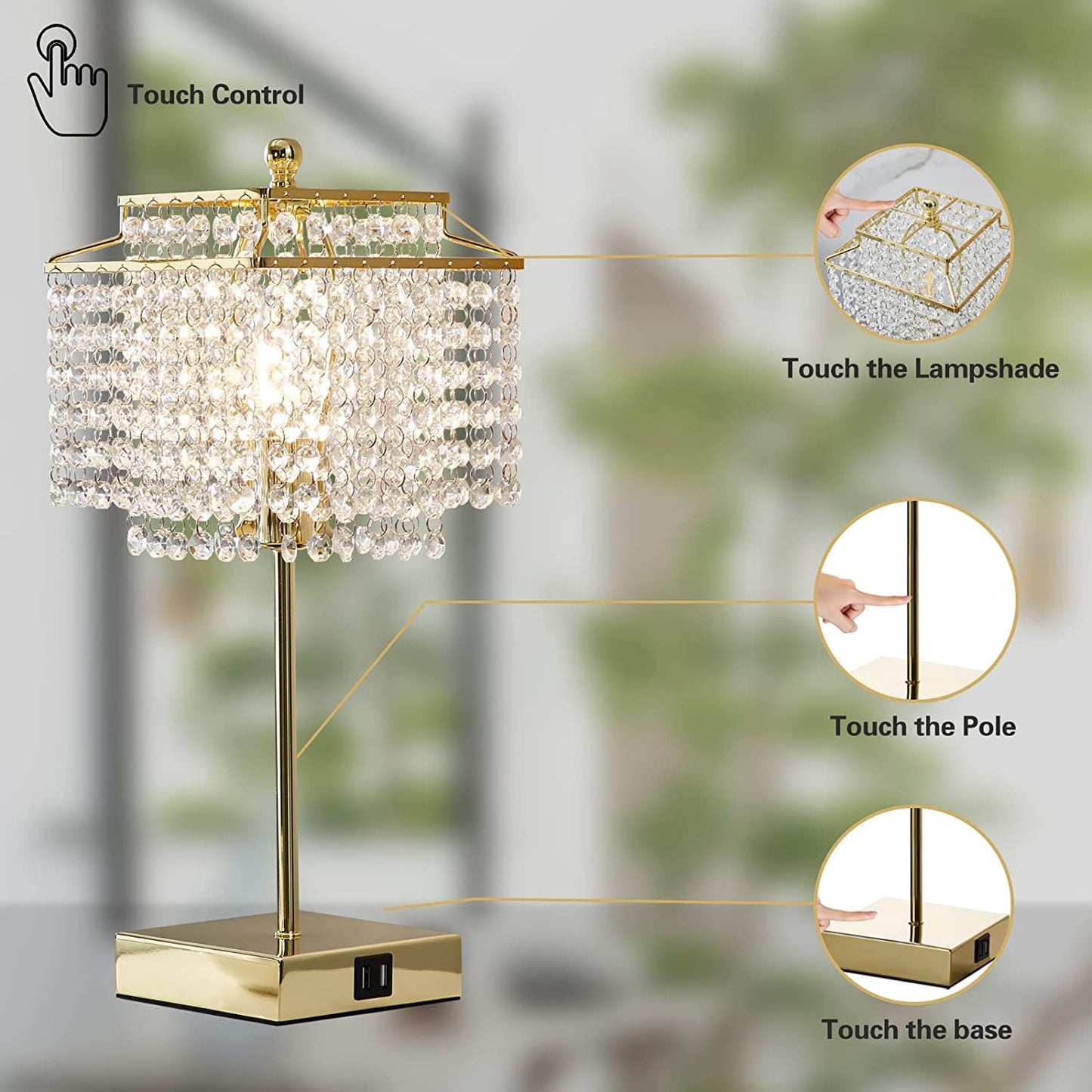 Luvkczc Crystal Table Lamp, Touch Control, 3-Way Dimmable, 6W LED Bulb Included, Gold Finish