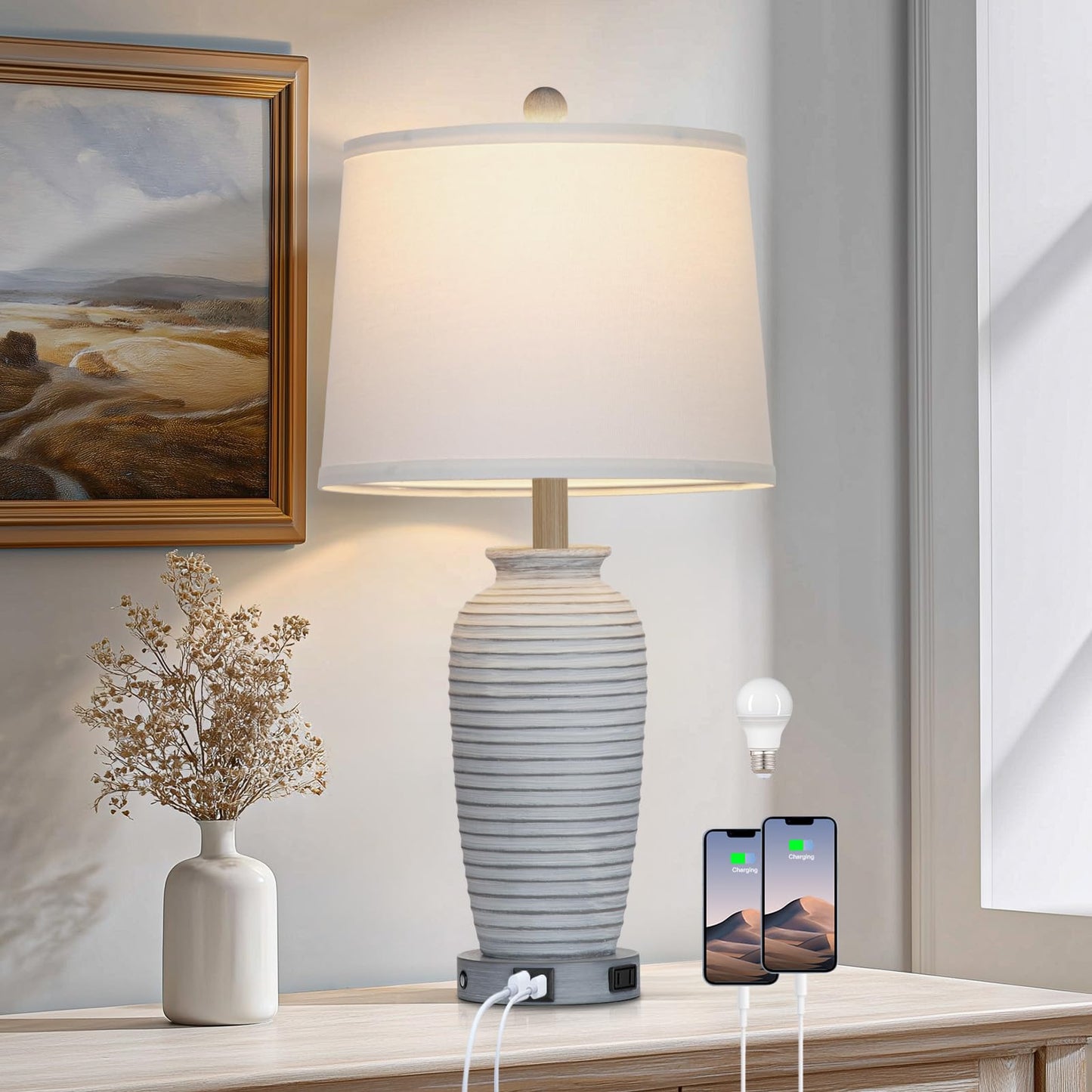CINSARY 25in Vintage Farmhouse Jar Table Lamp with USB Ports & AC Outlet, Grey White, Resin, Model TD-CS-315-1PK