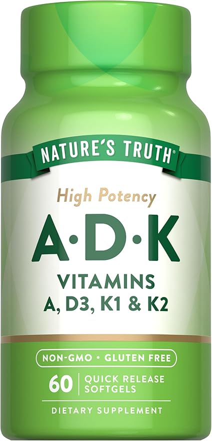 Nature's Truth Vitamin ADK | 60 Softgels | High Potency of Vitamin A, D3, K1 & K2 | Non-GMO & Gluten Free Supplement