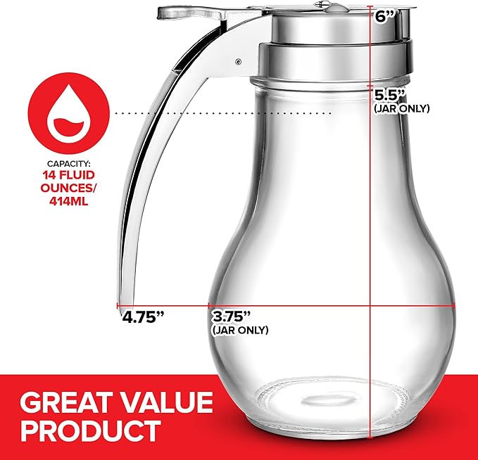 14 oz Glass Syrup Dispenser, No Drip Glass Syrup Bottle for Maple Syrup, Honey Dispenser, Pancake Mix, or Sugar, Dishwasher Safe Glass Syrup Container with Metal Easy Pour Lid, 14 Ounces (414mL)